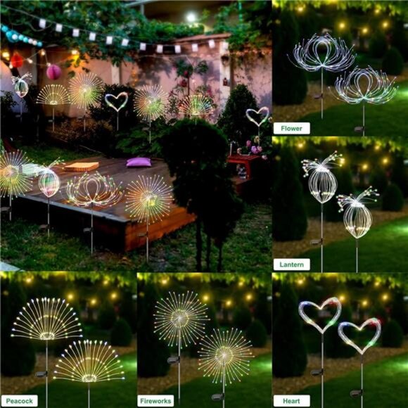 Solar Garden Lights Outdoor Waterproof, 2 Pack 120 LED Solar Firework Lights - Picture 4 of 7